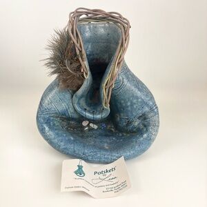 Potskets by Lisa Pottery Wicker Woven Basketry Art Vase Natural Stone Signed